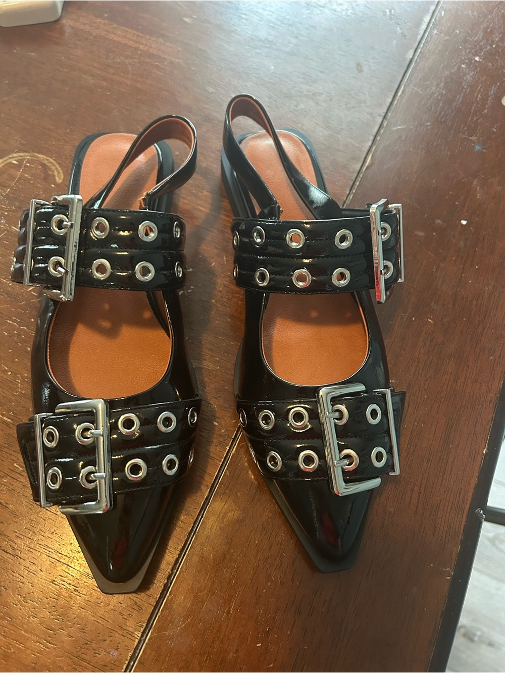 Patent Black Pointed Slingback Mules with Grommet Buckles